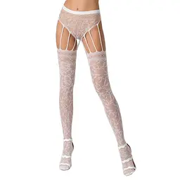 Еротичні колготки-бодістокінг Passion S003 white, імітація мереживних панчіх та трусиків - мініатюра 1