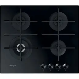 Варильна поверхня Whirlpool газова на склі, 60см, чавун, конфорка з подвійним рядом полум'я, чорний