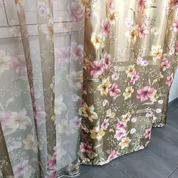 Атласні штори з квітами оливкового кольору 150х270 з тюлистом батистовим 400х270 на тасьме ALBO pbe0052702 - мініатюра 3