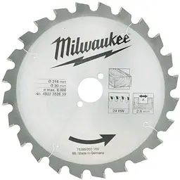 Диск пиляльний по дереву для торцювальних пил MILWAUKEE, діаметр 216х30х2,8мм, 24 зуб.