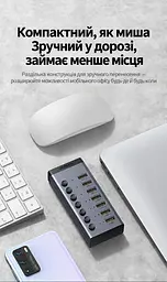 USB-хаб із заряджанням UGREEN CM481 до USB-A комп’ютера через вхід USB-C 7 портів USB-A 3.0 до 5 Гбіт/с BC 1.2 на портах 4–7 сумарно 5 В до 3,5 А живлення DC від комплектного адаптера окремі вимикачі й індикатори портів захист від зворотного й надмірного струму та короткого замикання Windows Mac OS Linux без драйверів сумісний зі старішою USB-периферією знімний кабель USB-A ↔ USB-C 1 м у комплекті алюмінієвий корпус сірий із чорними торцями (90307) - мініатюра 13