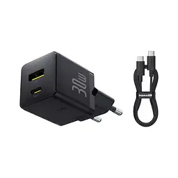 Зарядний пристрій Baseus 1xUSB-C 30 Вт + 1xUSB + кабель USB-C — USB-C 60 Вт 1.0 м (P1011160A113-01) - мініатюра 3