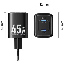 Зарядний пристрій Vention 2xUSB-С 45W GaN чорний (FEFB0-EU) - мініатюра 6