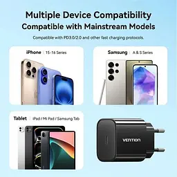Зарядний пристрій 1xUSB-C 20W + USB-C to Lightning cable М-М Black Vention (G17B0-EU) - мініатюра 7