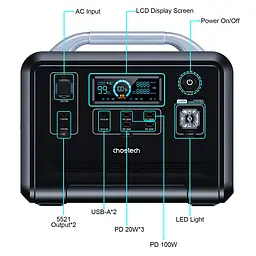Зарядна станція Choetech BS005 1200Вт (960Вт/г) AC,LiFePo4 LiFePo4,MPPT, UPS, USB-C PD100 Вт - мініатюра 4