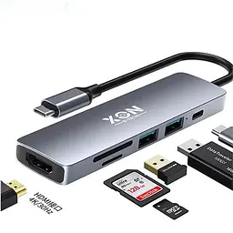 USB-хаб XON SmartHub 6 в 1 (HDMI, SD/TF, Type-C, USB3.0, USB2.0) Сірий (UHCHP062312G 5160)