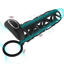 Вібронасадка на пеніс та мошонку Black Velvets Penis Sleeve (14,2 х 3,5 см) — силіконова подовжуюча насадка з магнітною зарядкою - мініатюра 2