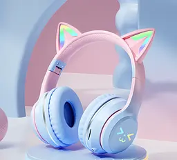 Дитячі бездротові навушники CATEAR BT618 з вушками та RGB-підсвіткою Bluetooth Синьо-рожеві - мініатюра 3