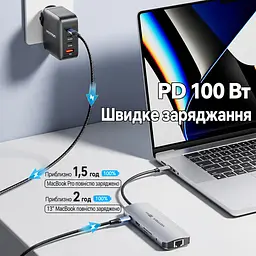 Док-станція USB-C 9-в-1 Vention HDMI до 4K 60 Гц 3 USB-A 3.0 для даних до 5 Гбіт/с Gigabit Ethernet RJ45 до 1000 Мбіт/с SD/microSD (TF) читання/запис лише однієї картки за раз комбінований аудіороз’єм 3,5 мм TRRS для OMTP/CTIA заряджання пристрою PD до 100 Вт із зовнішнім живленням через вхід PD HDMI потребує USB-C з DisplayPort Alt Mode сумісність із Thunderbolt 3/4 вбудований кабель USB-C 0,15 м сірий (TQLHB) - мініатюра 7