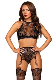Еротичний комплект Leg Avenue Crop top and garter panty Black, топ, трусики з доступом, панчохи - мініатюра 1