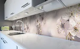 Вініловий кухонний фартух Макро Квіти вишні наклейка для кухні тичинки Бежевий 60х200 см Happy Pocket Z181509