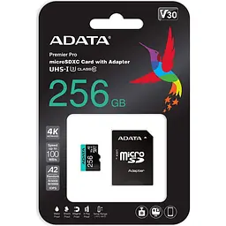 Карта пам'яті ADATA MicroSDXC Premier Pro 256Gb UHS-1 A2 V30S + SD адаптер (AUSDX256GUI3V30SA2-RA1) [162342] - мініатюра 4