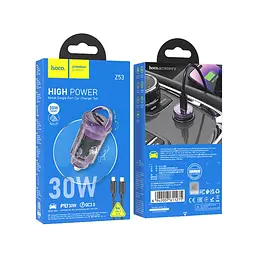Автомобільний зарядний пристрій Hoco Z53 Type-C PD 30W transparent фіолетовий + кабель Type-C to Lightning - мініатюра 5