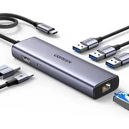 Концентратор Ugreen USB-C 6-in-1 3xUSB 3.0 + HDMI 4K@30Hz + RJ45 1000Mbps + PD silver (15598)