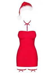 Новорічна сорочка Obsessive Kissmas chemise 2XL/3XL, червона, чокер, гартери та шапочка з помпоном - мініатюра 3