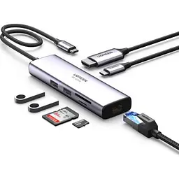 Концентратор Ugreen USB3.1 Type-C to HDMI/USB 3.0x2/RJ45/SD/TF/PD 100W CM512 (60515) - мініатюра 3