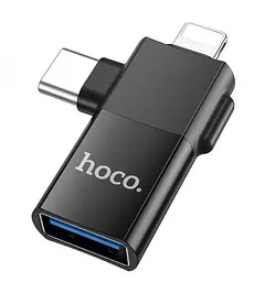 Перехідник Адаптер 1 на 2 виходи - Hoco UA17 iP male/Type-C male to USB female - мініатюра 1