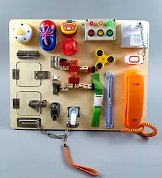 Бізіборд деревяний Play Smart C 64841 підсвічування, рухливі елементи, спінер, дзвінок, телефон, замочки, шнурівка