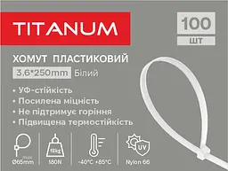 Хомут пластиковий Titanum УФ PA6.6, 3.6x250 мм 100 шт. білий (TF-PH3625-W) - мініатюра 2