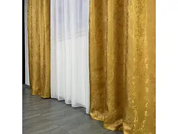 Жакардові штори золотого кольору 2шт. 150х270 з білим шифоновим тюлем 400х270, на тасьмі ALBO pbe0052672 - мініатюра 4