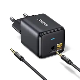 Бездротовий аудіоресивер для аудіосистеми UGREEN BT523 Bluetooth 6.0 аудіовихід 3,5 мм кодеки SBC AAC LDAC обраний кодек має підтримуватися аудіоджерелом дальність передавання 10 м без перешкод потребує живлення від розетки через вбудовану вилку перемикання відтворення між двома телефонами кабель AUX 3,5 мм ↔ 3,5 мм довжиною 1 м у комплекті чорний (65059)
