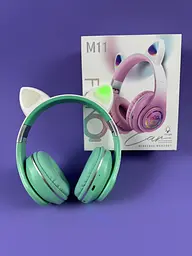 Навушники бірюзові Bluetooth з вушками котика C64092, з підсвіткою, мікрофоном, картою пам'яті та AUX, 400 mAh