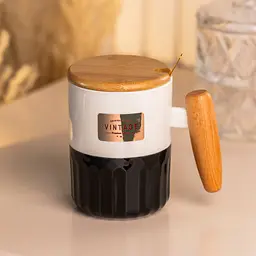 Чашка порцелянова 400 мл Vintage з бамбуковою кришкою та ложкою, чорний з білим Happy Life HP7204B - мініатюра 8