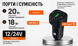 Автомобільний зарядний пристрій VOIN 38W, 1USB QC3.0 18W + 1PD 20W, 12/24V (C-36213) - мініатюра 6