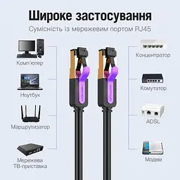 Патч-корд Ethernet Vention 1,5 м LAN-кабель штекери RJ45 8P8C на обох кінцях для з’єднання двох мережевих портів Cat.7 10 Гбіт/с за умови підтримки такої швидкості обома портами екранування фольгою та металевим обплетенням багатодротяні мідні жили для гнучкого укладання смуга пропускання 600 МГц чорний із фіолетовими та золотистими акцентами (ICDBG) - мініатюра 4