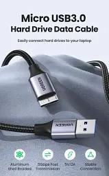 Кабель Ugreen 1м USB 3.0 - Micro USB Type-B 5 Гбіт/с 5V/3A USB 3.0 A на Micro-B для жорских дисків чорний (80793) - мініатюра 2