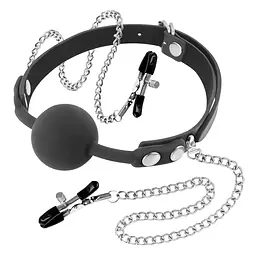 Кляп із затискачами для сосків Fetish Tentation Gag Ball With Nipple Clamps 4 см чорний - мініатюра 2