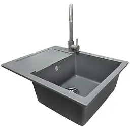 Adamant Набір кухонний Minimal, штучний камінь, прямокут., з крилом, 615х495х200мм, чаша - 1, врізна, сірий + змішувач - мініатюра 3