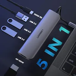 Конвертор сигнала Ugreen CM136 Type-C-HDMI, 3xUsb 3.0, Type-C PD (70495) Space Gray - мініатюра 2