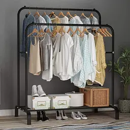 Подвійна стійка вішалка для одягу та взуття Loft Rack підлогова сталева з полицею Black