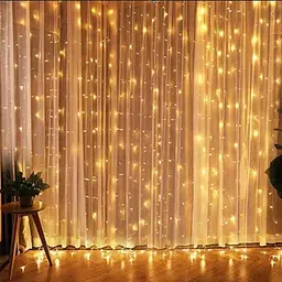 Гірлянда штора завіса Водоспад 3х3 м 280 LED велика лампа 3D (білий шнур, з перехідником) Золоте світло) - мініатюра 4