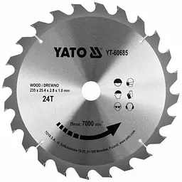 Диск пиляльний победітовий по дереву YATO 235x25.4x2.8x1.8 мм (YT-60685)