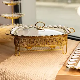 Мармітниця порцелянова Yiwu Tiffany 1.5 л квадратна зі скляною кришкою на металевій підставці з підігрівом 34х26х7 см для перших страв SX42-2 - мініатюра 2