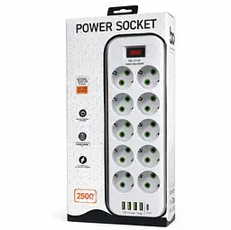 Мережевий фільтр-подовжувач Power Socket D-10, 10x220V-2500W, 4xUSB, 1xType-C PD