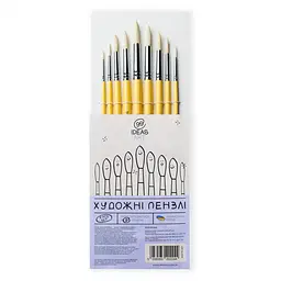Набір пензлів Щетина кругла, довга ручка (9 шт), 6607RLSET