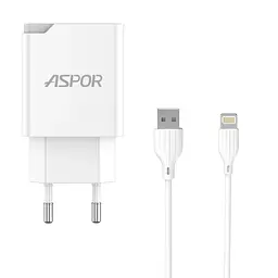 Мережевий зарядний пристрій Aspor A827 IQ (USB/2.4A) + кабель USB – Lightning- білий - мініатюра 2