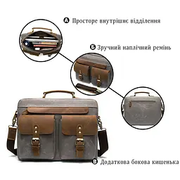 Сумка-портфель чоловіча текстильна зі шкіряними вставками 20001 Vintage сірий - мініатюра 8