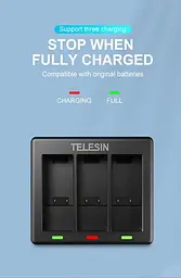 Зарядний пристрій Telesin 3 Slots Battery Charger + 2 акумулятори для Hero 9/10 GP-BTR-903 [76676] - мініатюра 8