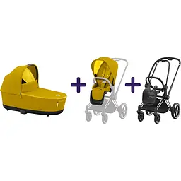 Люлька Cybex Priam Lux Mustard Yellow + Комплект текстилю для прогулянкового блоку Cybex Priam Mustard Yellow + Шасі Cybex Priam з каркасом LS RBA Chrome Black