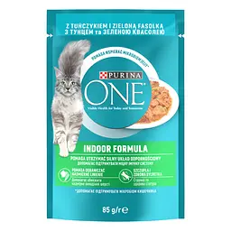 Влажный корм для кошек, постоянно находящихся в помещении Purina One Indoor с тунцем и зеленой фасолью кусочки в соусе 85 г (12455701)