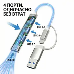 Алюмінієвий USB-хаб 4 порти 1×USB 3.0 + 3×USB 2.0 з підключенням Type-A і Type-C - мініатюра 6