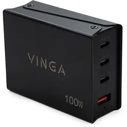 Зарядний пристрій Vinga GaN 100 Вт, PD + QC, дротовий, кабель 1.2 м, порти: 3xUSB-C + 1xUSB-A (VCPCH100CB)