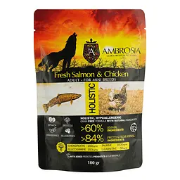 Сухой корм Ambrosia Grain Free для взрослых собак малых пород со свежей курицей и лососем 100 г