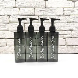 Набір дозаторів для ванної 250 мл "Єва" чорний пластик (4 шт) напис англ.