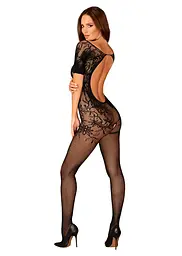 Сітчастий бодістокінг з квітковим малюнком Obsessive Bodystocking F238 S/M/L, black, з доступом, імі - мініатюра 4