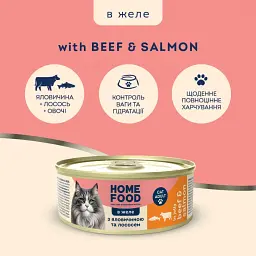 Консервований корм Home Food для дорослих кішок з яловичиною і лососем в желе 85г - мініатюра 2